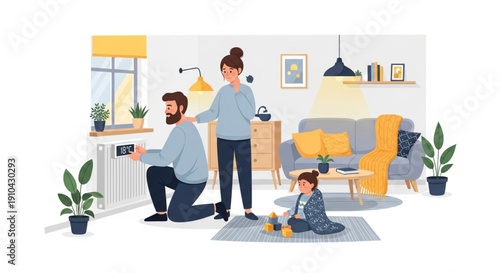 Modern European Household Lowering Radiator Temperature for Sustainable Energy Efficiency illustration