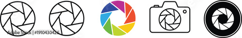 Set of Camera Shutter Aperture Icons and Photography Logo Elements in Minimalist Line Art Colorful Rainbow and Flat Style for Professional Media Graphic Design