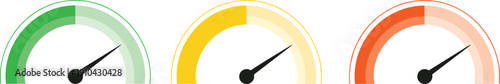 Set of colorful semi circle gauge icons with needles representing green yellow and red performance levels for credit score risk assessment and business analytics