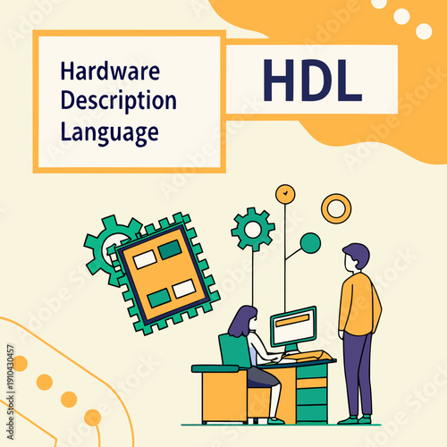 Abstract representation of Hardware Description Language (HDL) concepts, digital circuits and code flow, flat vector illustration.