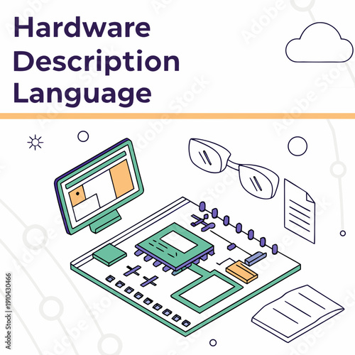 Conceptual flat vector illustration of Hardware Description Language (HDL), visualizing code, circuits, and digital processing.