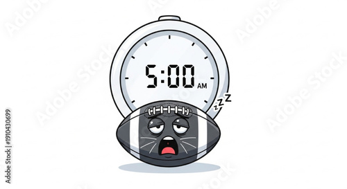Alarm Clock with Football and Sleepy Face Early Morning Exhaustion Flat Vector Illustration