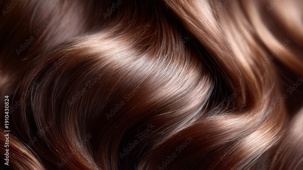 Naklejka premium Waves of smooth chocolate brown hair flow gracefully, reflecting light beautifully. Each strand showcases a rich texture, creating an enchanting sense of softness and allure