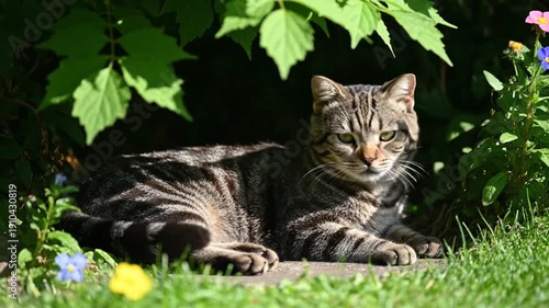 A tabby cat rests serenely in a garden, shaded by lush green foliage and surrounded by flowers