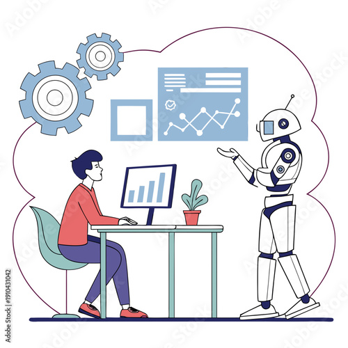 Human and AI collaboration concept, showing teamwork between people and artificial intelligence in a futuristic digital environment.