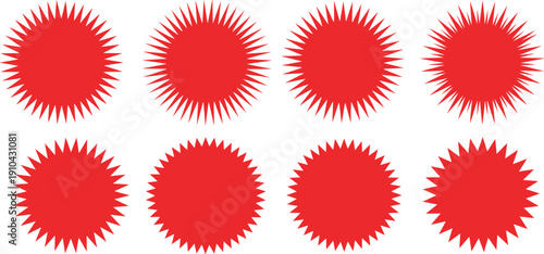 Set of Red Starburst Seal Stickers with Jagged Edges for Price Tags Sale Promotions Discount Labels Guarantee Badges Special Offers and Quality Certification Graphic Elements