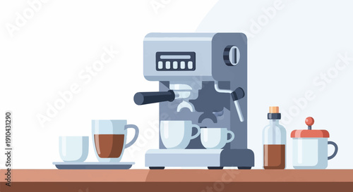 An illustrated coffee station with espresso machine and cups