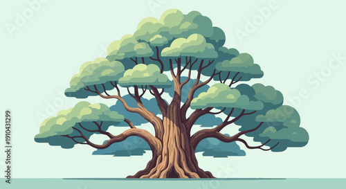 An old pixelated tree with thick branches and lush green foliage