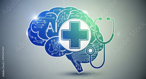 Artificial intelligence medical concept with brain and stethoscope on gradient background