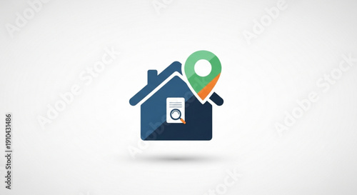 House icon with location pin and magnifying glass for real estate or property search