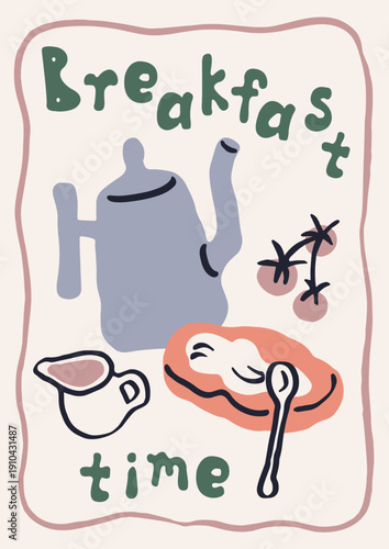 Breakfast card design with coffee pot and morning food. Italian snack, bread ...