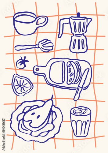 Breakfast table with Italian coffee and morning food. Kitchen poster design i...