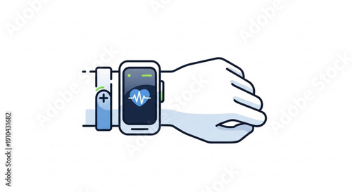 Hand wearing smartwatch with ecg heart rate monitor and battery icon on screen