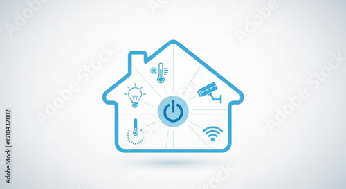 Smart home automation system with security camera lighting thermostat and power control on a white background