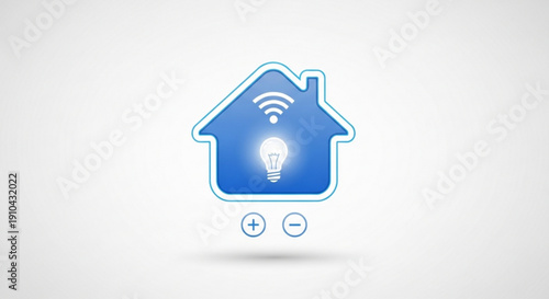 Smart home automation concept with glowing light bulb and wifi symbol inside blue house icon on gray background