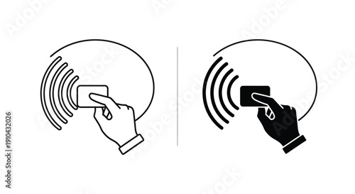 Set of simple line and solid black icons representing contactless payment with a card near a wireless signal indicator.