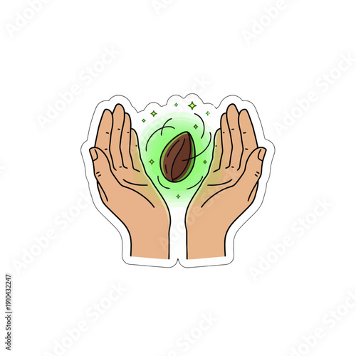 Hands Holding a Glowing Seed Sticker | Cute Growth Mindset Illustration | Adorable Nurturing Plant Kawaii Sticker Art | Playful Personal Growth and Inspiration Sticker Design | Whimsical Glowing Seed 