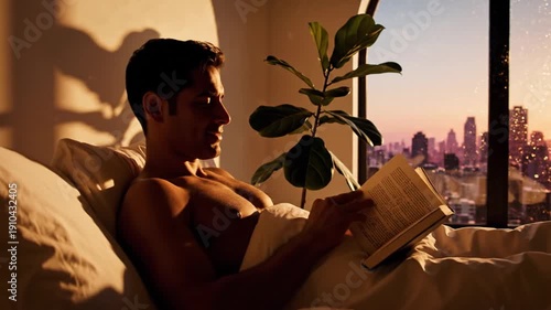 A man rests in bed reading a book, bathed in warm sunlight, with a cityscape visible through window