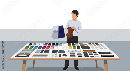 Fashion Designer Selecting Textiles and Fabric Swatches on a Table for Apparel Creation