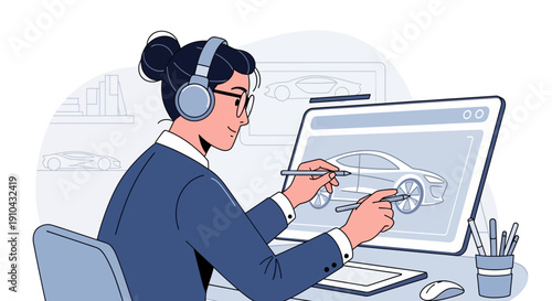 Creative designer using stylus and headphones to digitally sketch a futuristic concept car on computer screen