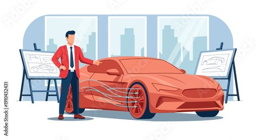 A salesman in a red jacket presents a modern sports car with airflow graphics, showcasing its features.