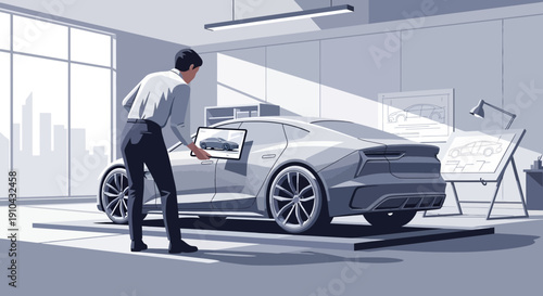 Man Holds Tablet Displaying Car Design Inside Modern Showroom