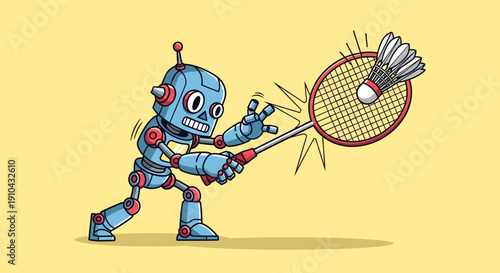 Cartoon robot plays badminton hitting shuttlecock with racket