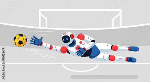 Futuristic robot goalkeeper diving to make a save during a soccer match
