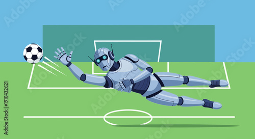 Futuristic robot goalkeeper diving to make a save on a soccer field