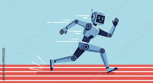 Advanced robot athlete sprints quickly on a red and white track in a dynamic illustration