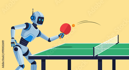 Futuristic Robot Playing Ping Pong Tennis with a Racket and Ball on a Table