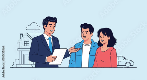 A business professional presenting documents to a happy couple, discussing a potential agreement or deal.