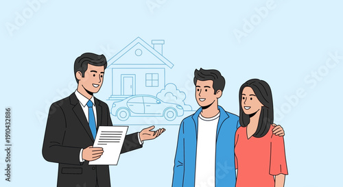 Realtor explains house and car options to a couple considering a major purchase.