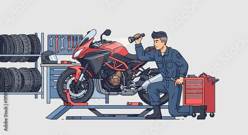 Skilled mechanic inspecting a red motorcycle with a flashlight in a busy workshop