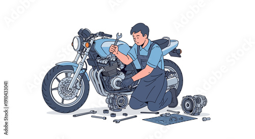 Skilled mechanic diligently repairs a motorcycle engine with a wrench, surrounded by disassembled parts and tools