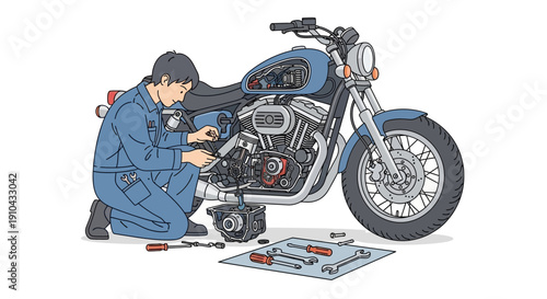 Skilled mechanic meticulously repairing a detailed motorcycle engine with various tools spread around on a white background