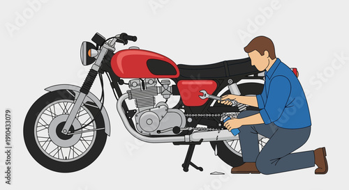 A mechanic working on a red motorcycle, tightening a bolt with a wrench while holding oil.