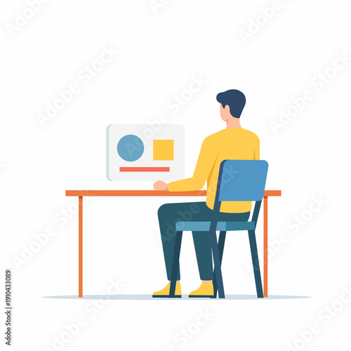 Minimal vector illustration of a person working at a desk in an undefined neutral environment. Concept of remote work, location independence, digital workspace, and borderless employment.