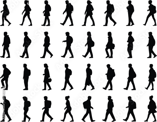 Silhouettes of people walking with backpacks representing students and travelers vector