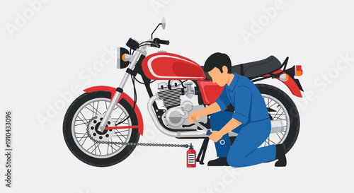 Skilled mechanic performing maintenance on a red motorcycle engine, isolated on transparent background.