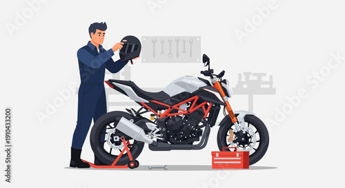 Skilled mechanic with helmet inspects a sportbike in a workshop setting, showcasing vehicle maintenance and repair services.