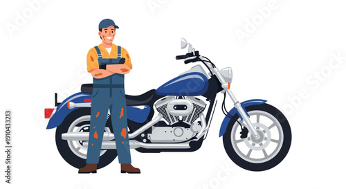 Skilled mechanic proudly stands beside a custom blue motorcycle, ready for road adventures