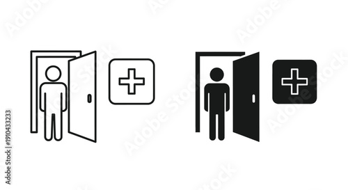 Medical entry point icons showing a person entering a doorway next to a health cross symbol in both outline and solid styles
