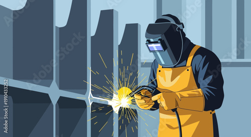 Skilled Welder in Protective Gear Crafting Metal with Bright Sparks Amidst Industrial Structures