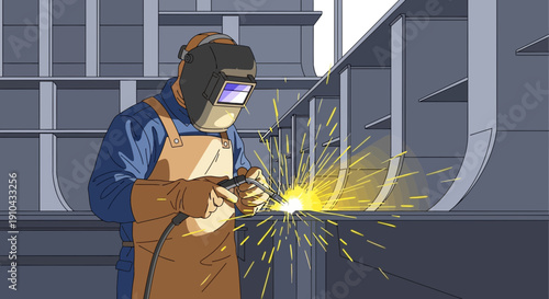 Skilled worker performing welding on metal structure in industrial setting with bright sparks flying