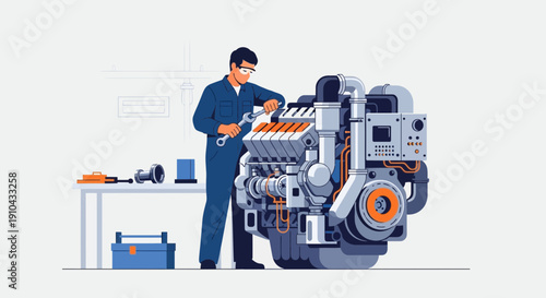 Skilled mechanic in blue overalls working on an engine with a wrench in a workshop setting