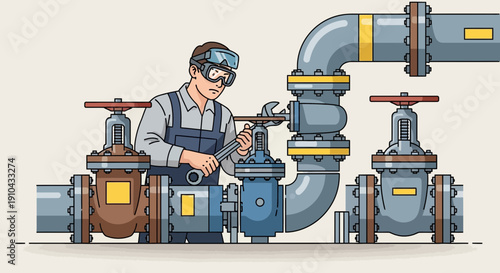 Skilled plumber in protective goggles meticulously repairing industrial pipe system with a wrench