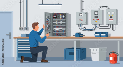Electrician working on an open electrical panel in a workshop with tools and equipment