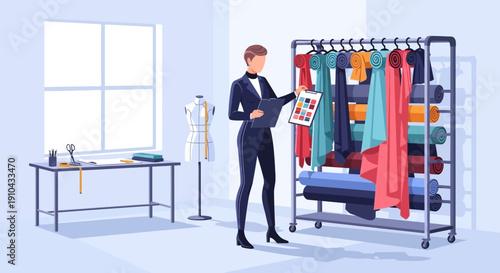 Fashion Designer Inspecting Fabric Samples and Mannequin in Atelier