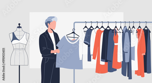 Fashion Stylist Selecting Apparel from a Clothing Rack